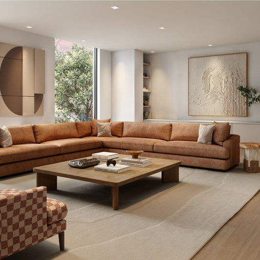 Modular couch in modern living room with neutral tones