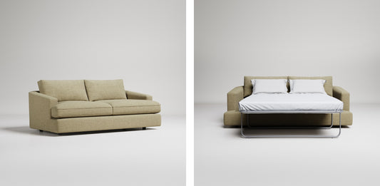 Modern beige sofa transforms into pull-out bed with white linens, shown closed and open against gray backdrop