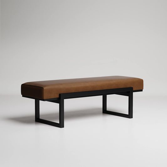 Modern leather bench with black metal frame, brown upholstered cushion on minimalist base, against white backdrop