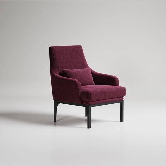 Modern burgundy velvet armchair with black metal legs on white background, studio product photography
