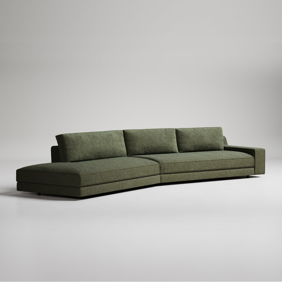 Large modern olive green sectional sofa with clean lines and chaise lounge on gray background
