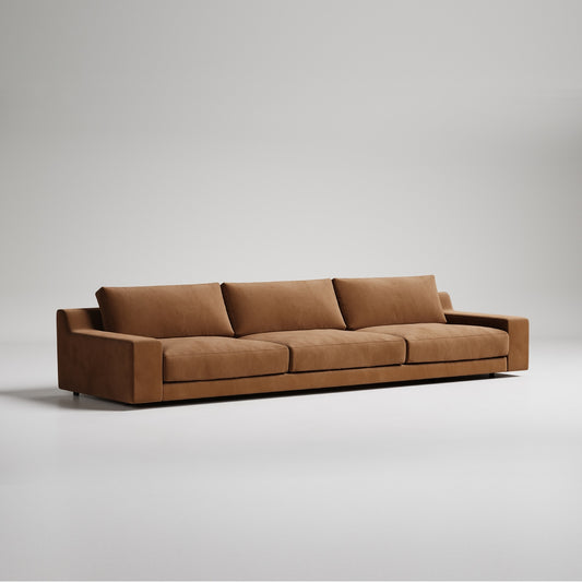 Modern brown velvet 3-seater sofa with clean lines against neutral gray background
