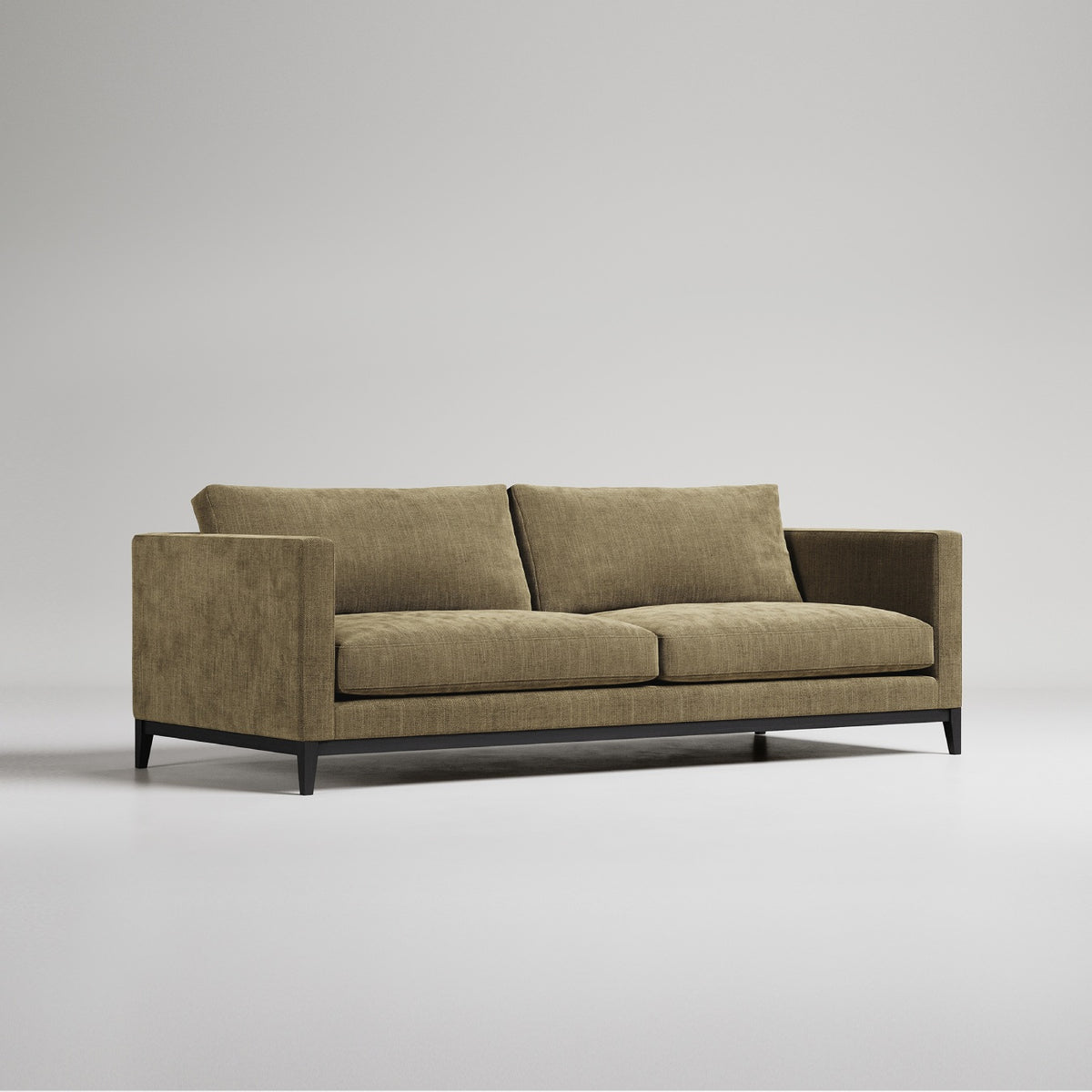 Modern olive green velvet sofa with clean lines and black legs, photographed against white background
