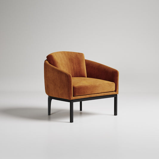 Modern velvet armchair in burnt orange with black metal base, photographed against light gray background
