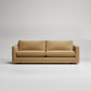 Modern tan linen sofa with clean lines on white background, studio product photography
