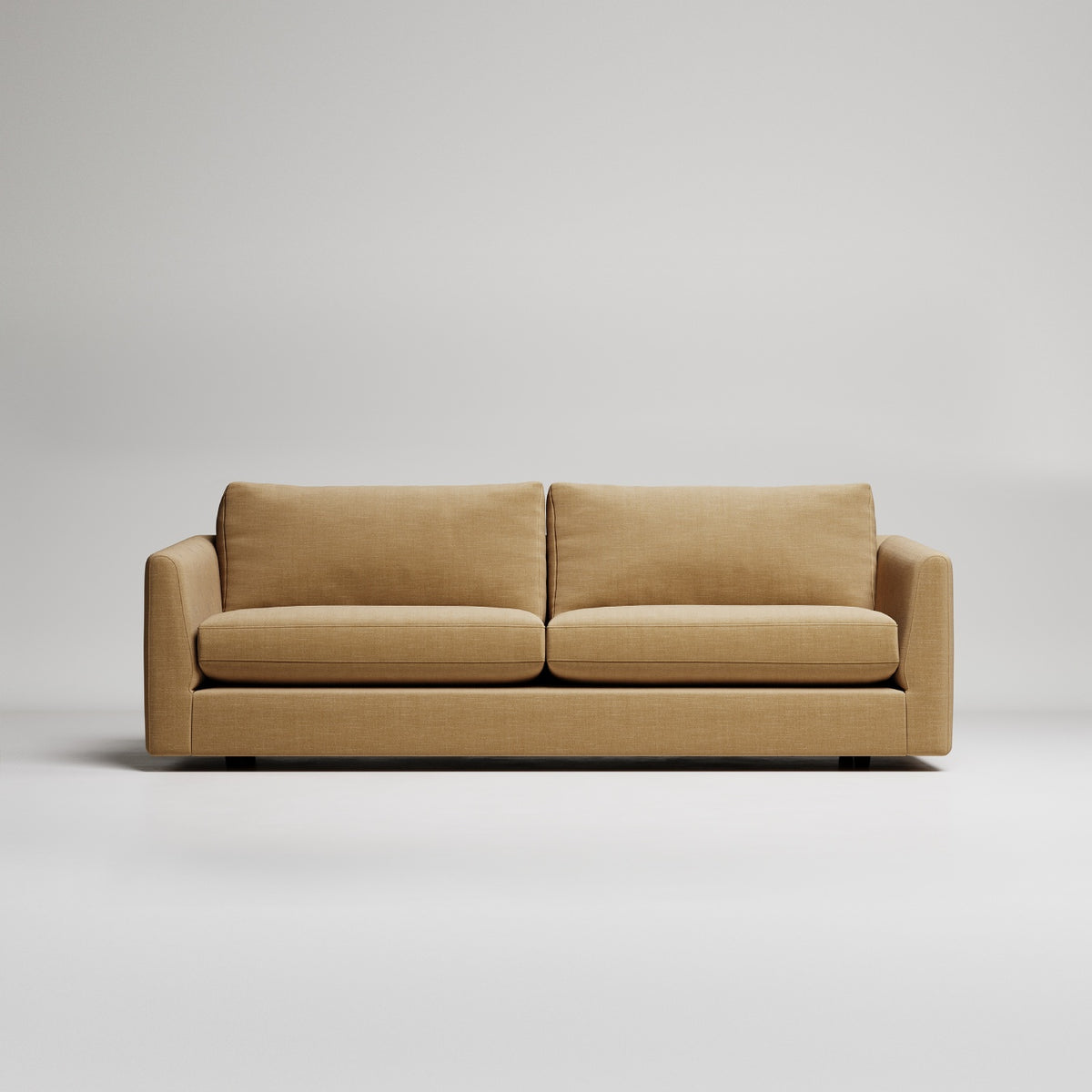 Modern tan linen sofa with clean lines on white background, studio product photography
