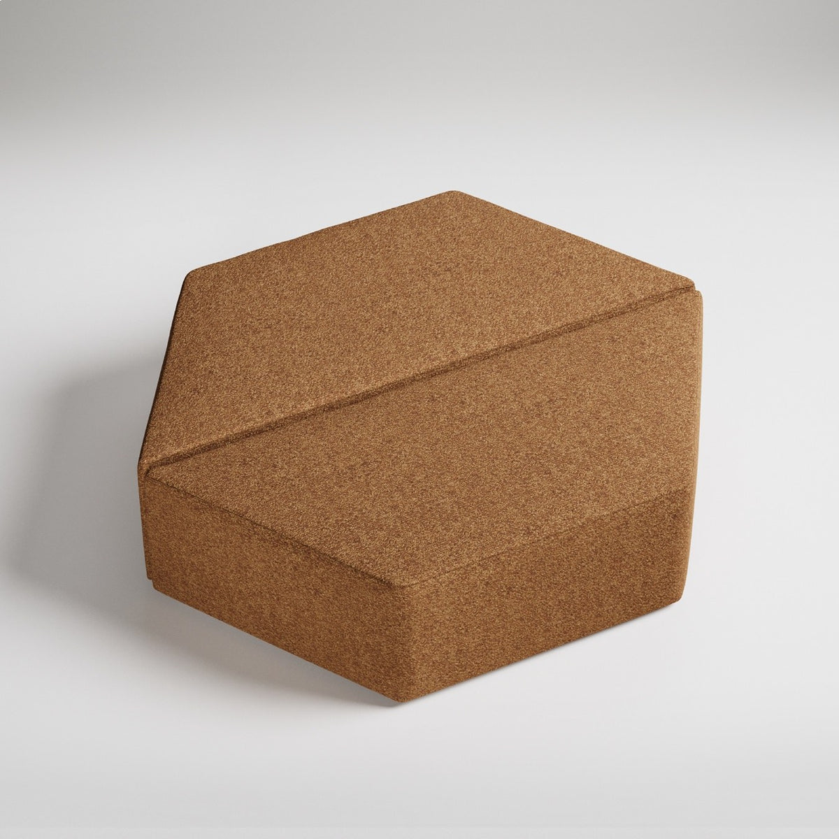 Hexagonal cork yoga block on white background casting subtle shadow, sustainable fitness equipment
