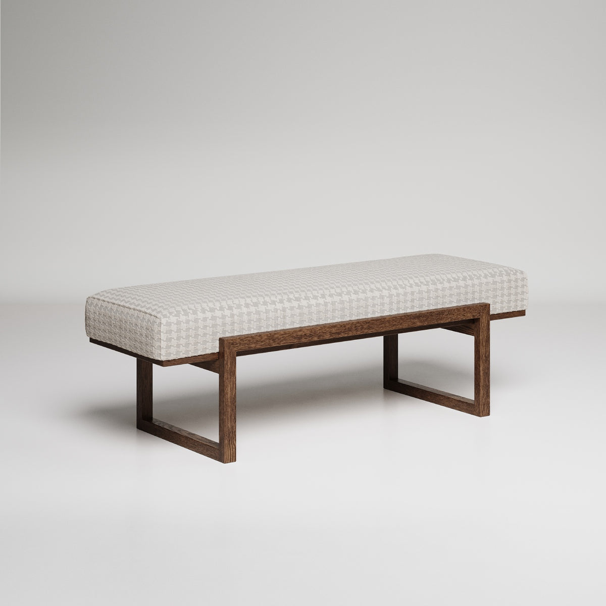 Minimalist upholstered bench with wooden frame featuring textured white fabric and dark walnut-finished legs
