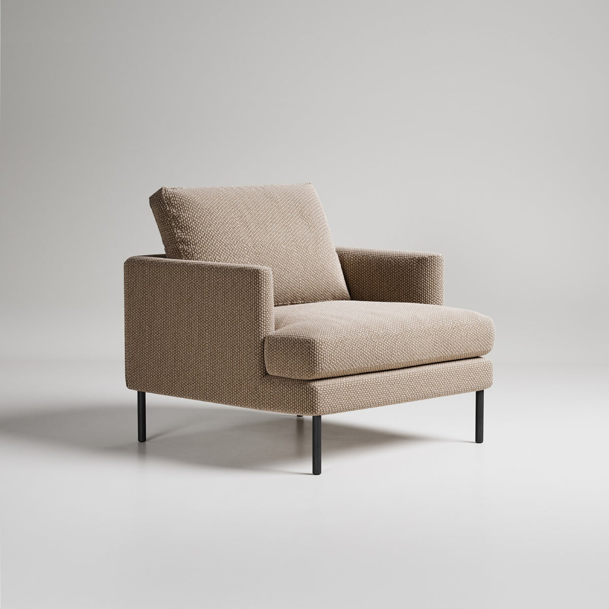 Modern beige textured armchair with black metal legs on light gray background, minimalist design

