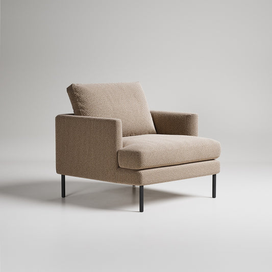 Modern beige textured armchair with black metal legs on light gray background, minimalist design

