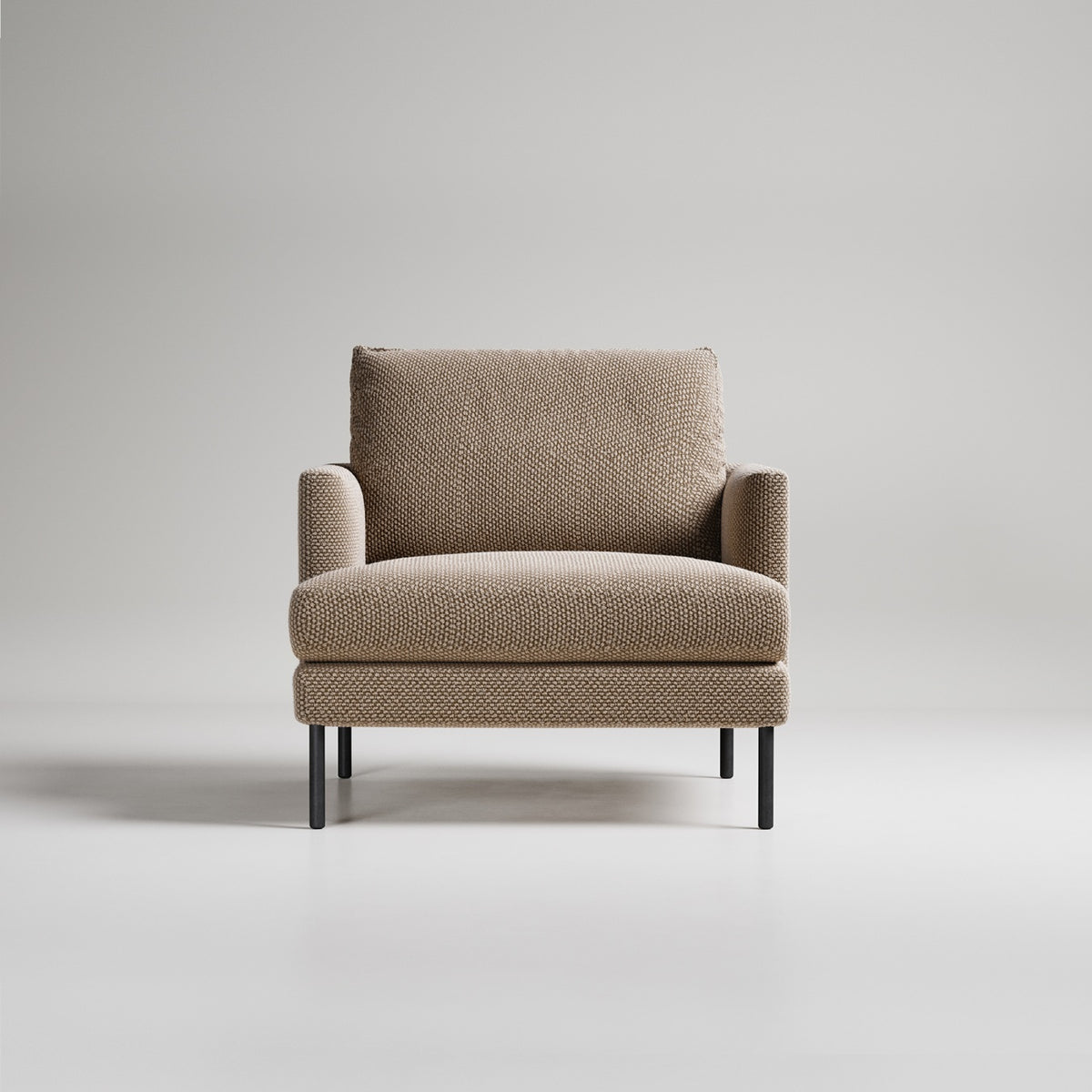 Modern beige textured armchair with black metal legs on light gray background, studio product shot
