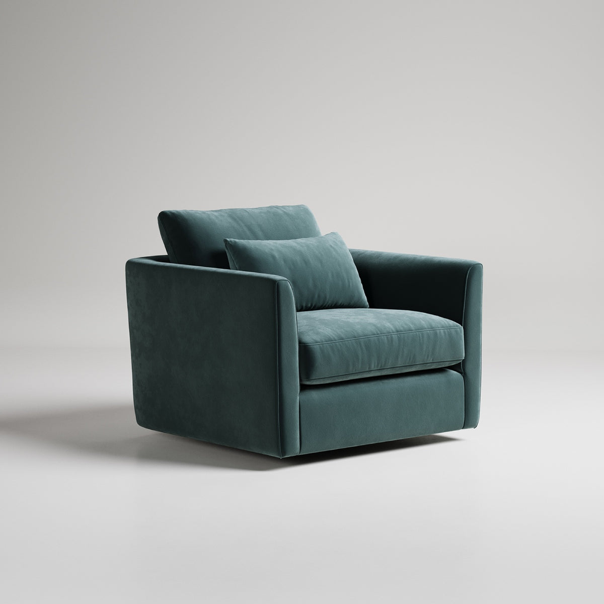Modern velvet armchair in deep teal green with clean lines and single accent pillow, studio lighting
