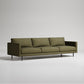 Modern olive green 3-seater sofa with black metal legs on white background, minimalist design
