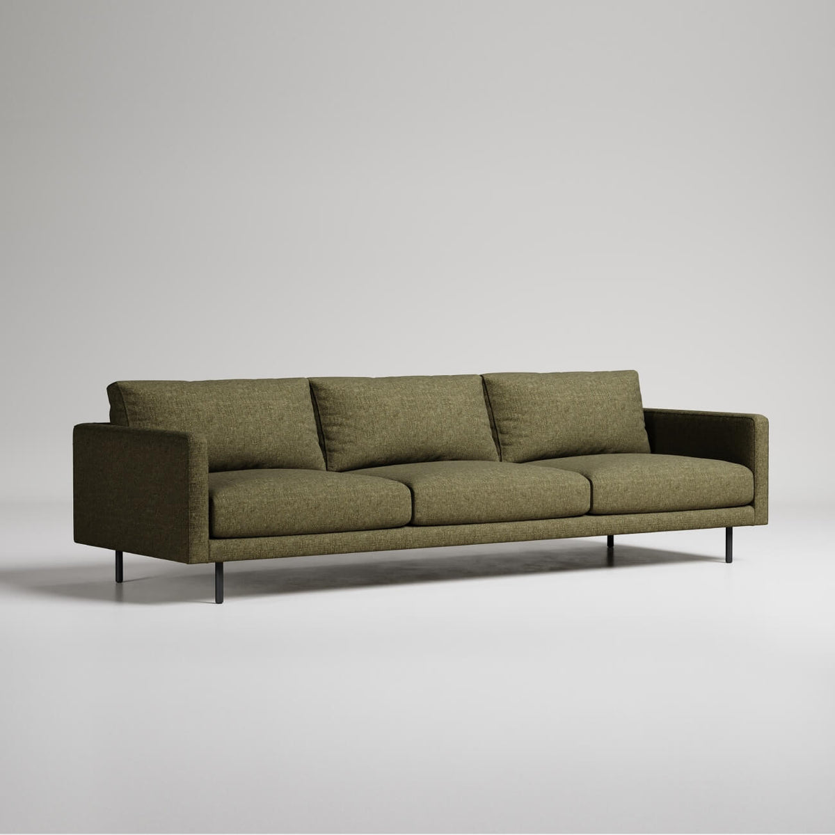 Modern olive green 3-seater sofa with black metal legs on white background, minimalist design
