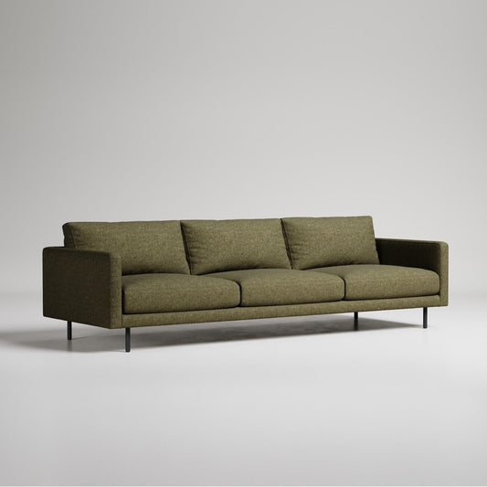 Modern olive green 3-seater sofa with black metal legs on white background, minimalist design
