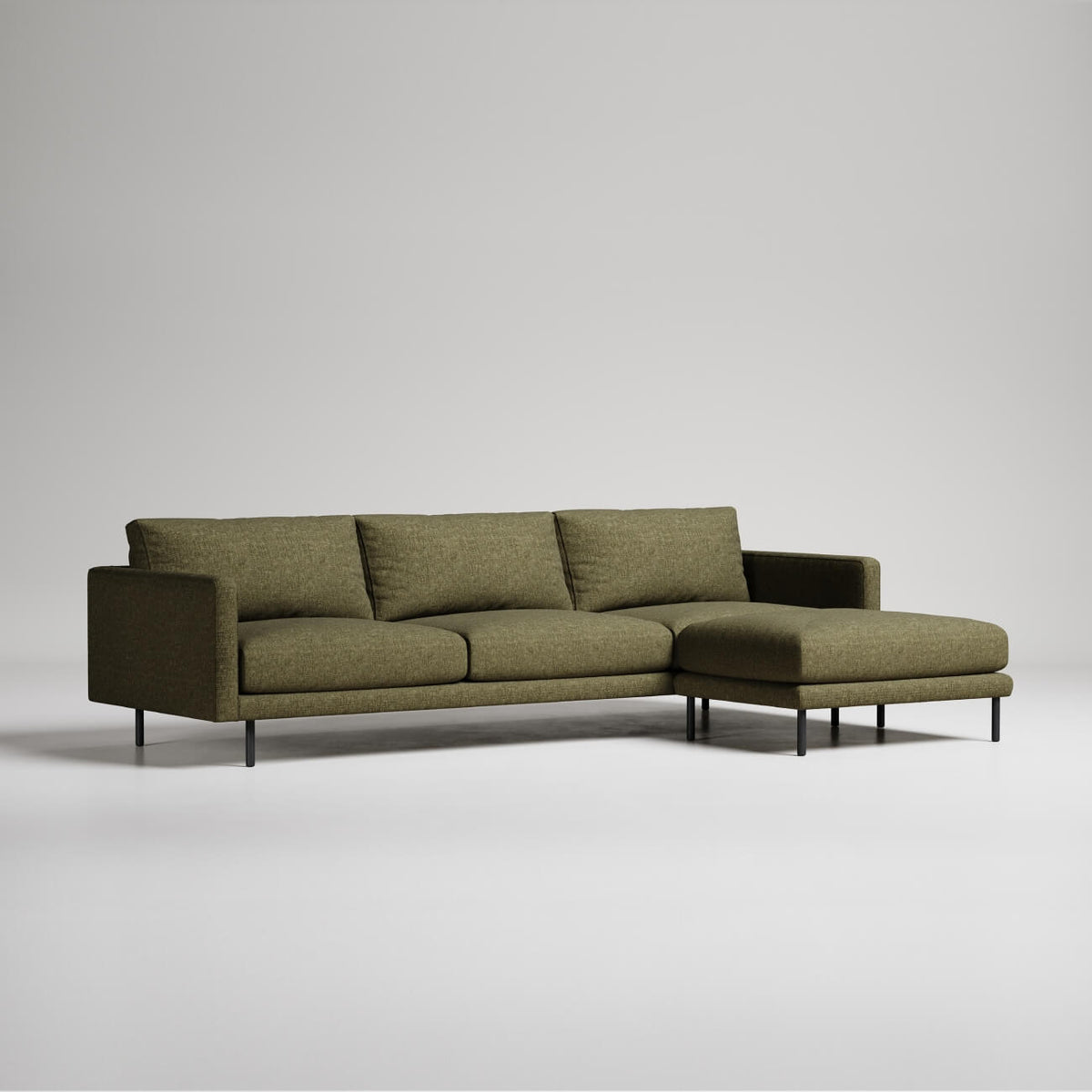 Modern olive green L-shaped sectional sofa with chaise lounge and black metal legs on light gray background
