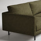 Modern olive green sofa with black metal legs, close-up detail shot showing textured upholstery fabric
