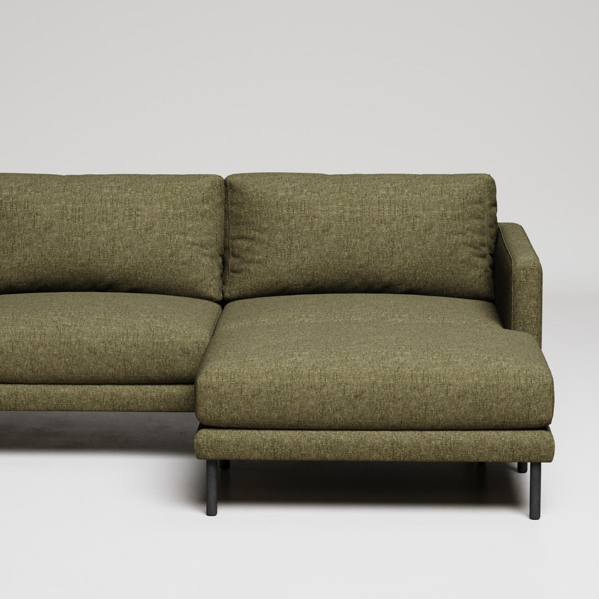 Modern olive green L-shaped sectional sofa with chaise lounge and metal legs on white background
