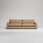 Modern beige linen sofa with clean lines on white background, minimalist contemporary furniture design
