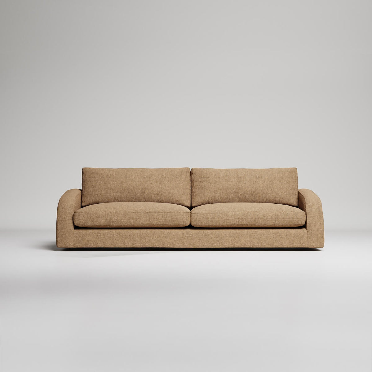 Modern beige linen sofa with clean lines on white background, minimalist contemporary furniture design
